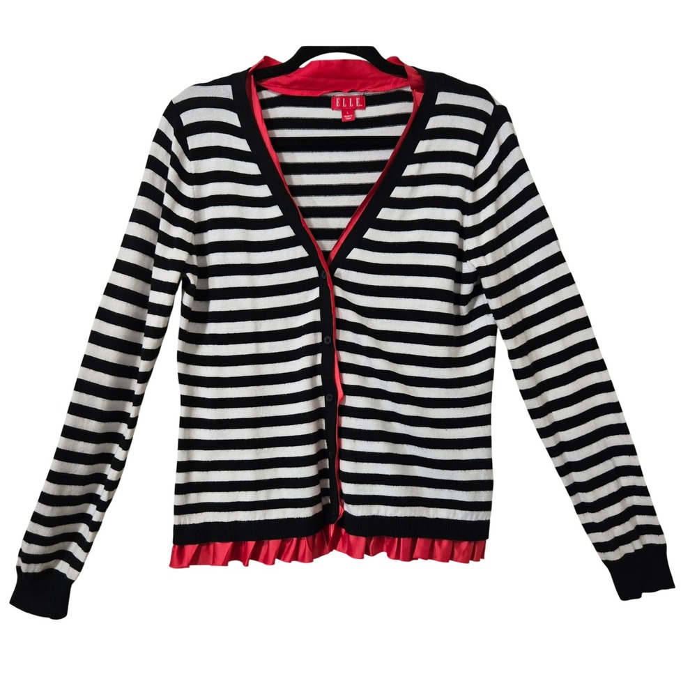 Elle Womens L Artsy Black White Striped Cardigan Fuchsia Ruffle Trim Cotton Mix